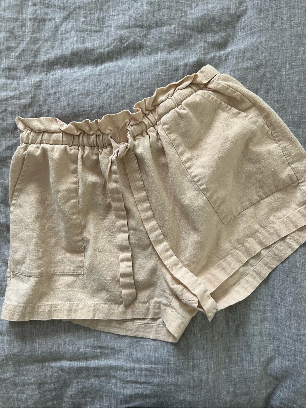 Beige Linen Blend Paperbag Waist Drawstring Utility Shorts Size M